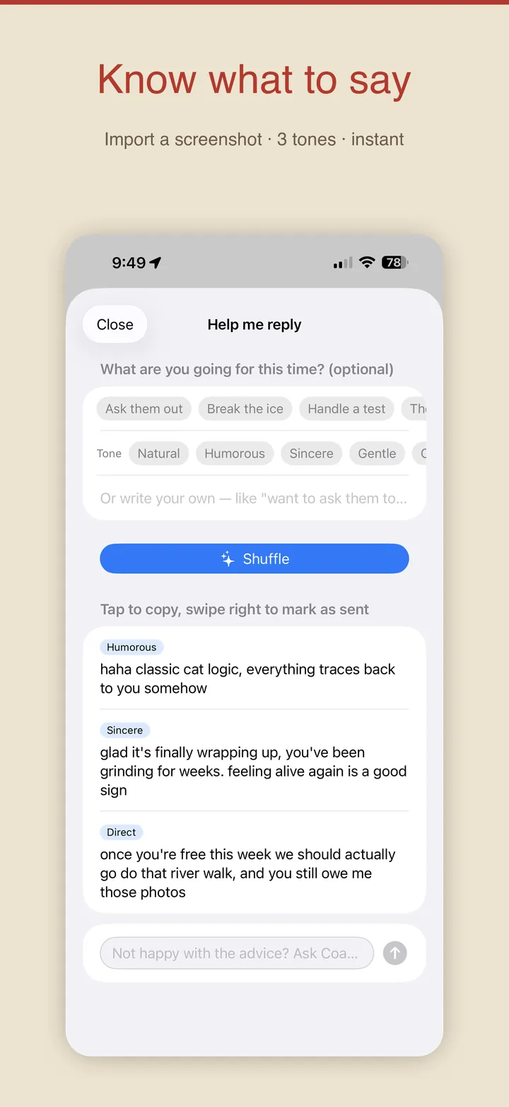 Three reply suggestions in different tones